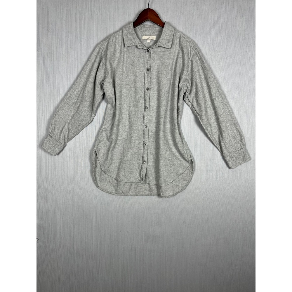 LOFT Cotton Flannel Button Down Women L Gray Herringbone‎ Long Sleeve Top Cozy